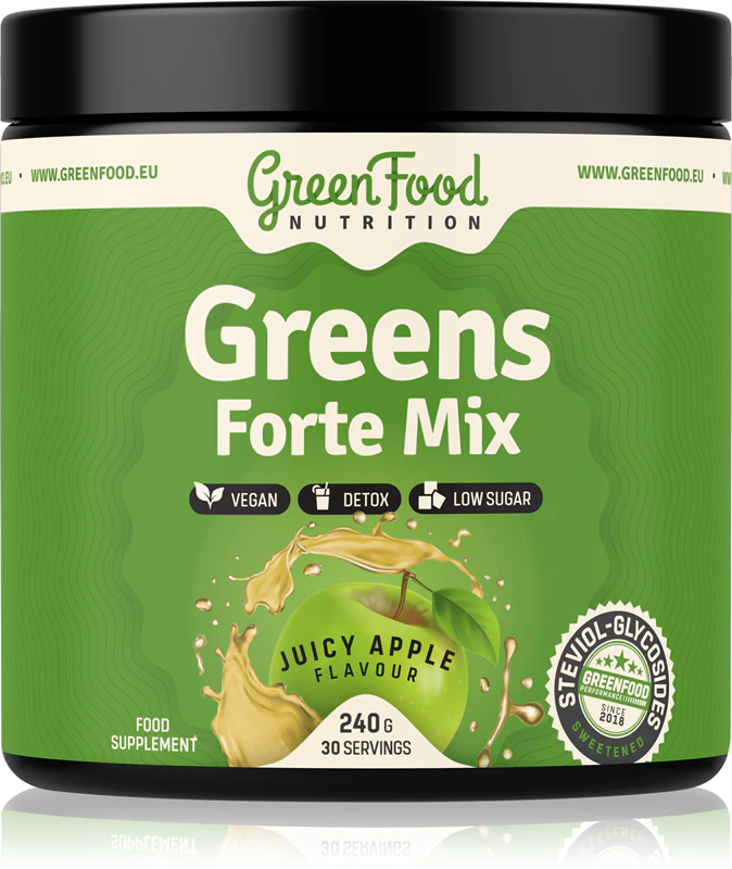 GreenFood Nutrition Greens Forte Mix, suplemento alimentar em pó para desintoxicação e fortalecimento do sistema imunológico.