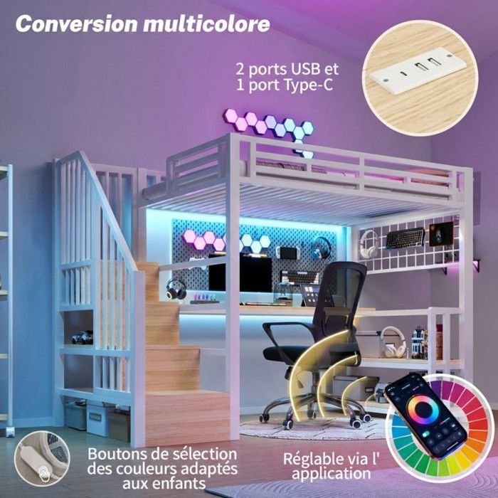 Lit mezzanine - LANGTU - 90x200 - Bureau intégré - LED réglable - Rangement escalier, USB/Type-C