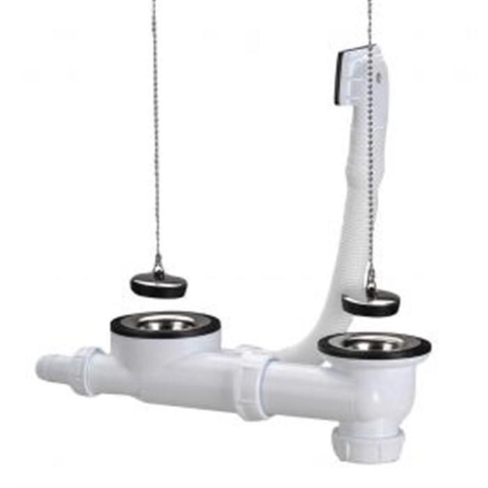 Komplettes Kunststoff-Abflussset für 2-Becken-Edelstahlspüle – C5910 – C5910 Kunststoff-Abflussset für 2-Becken-Edelstahlspüle mit Kettenverschluss. 70-mm-Ablauf mit Außengewinde.