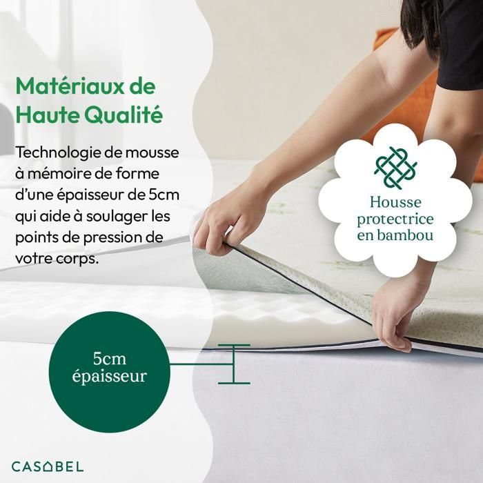 Cubrecolchón CASABEL de 140x190 cm, espuma viscoelástica de 5 cm + funda de bambú - Zonas ergonómicas - Para colchón de cama doble