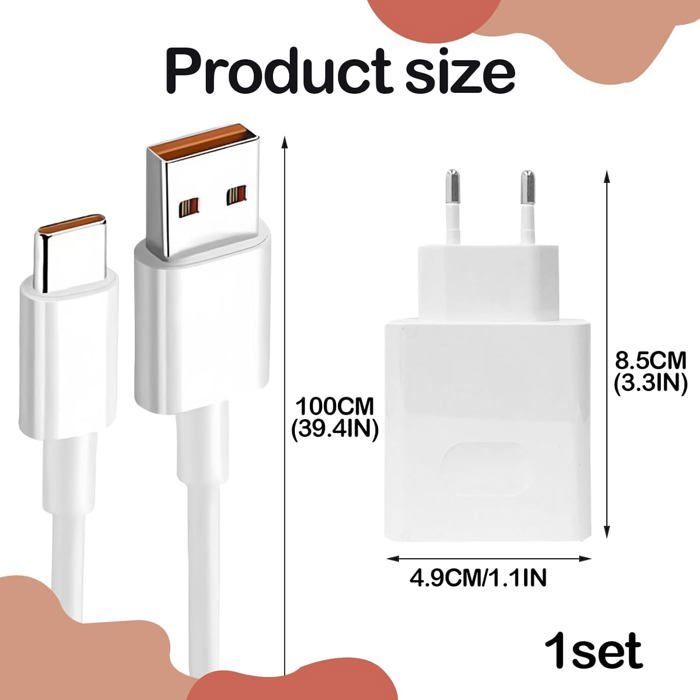 Chargeur 66w Honor, Supercharge Chargeur Rapide avec 6 A 1m Cable USB C Chargeurs pour Téléphones Portables Compatible Honor Magic6