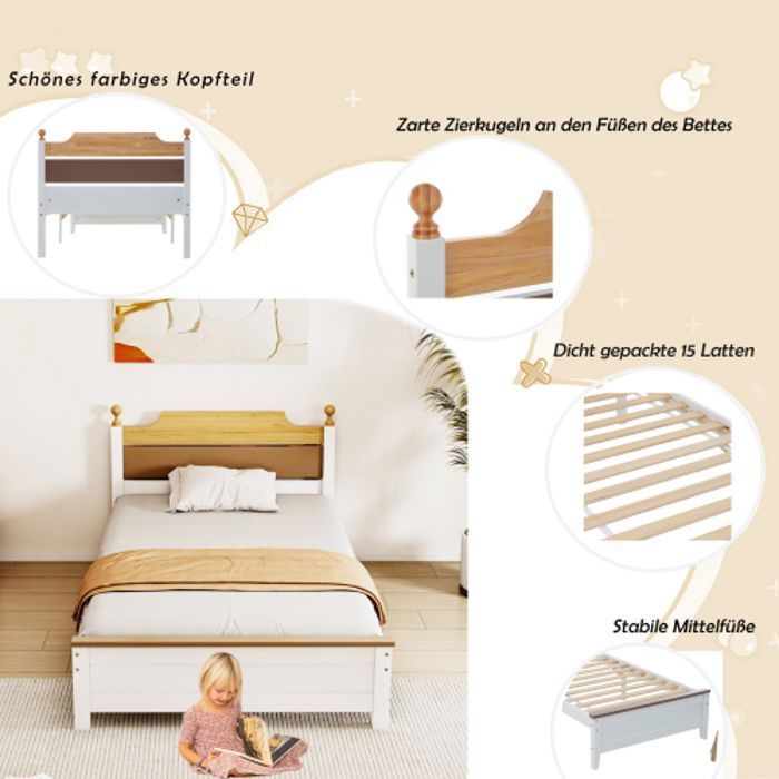 Cama individual de 90x200 cm, cama de adulto con cabecero, estilo blanco con bloques de color, estructura con pata central, MDF