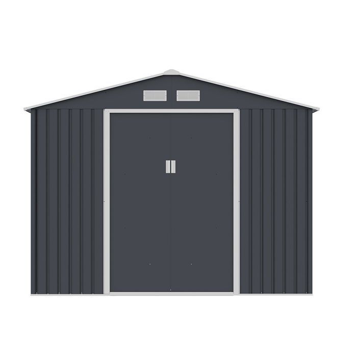 Caseta de jardín metálica color antracita, 8,25 m², con puertas correderas.