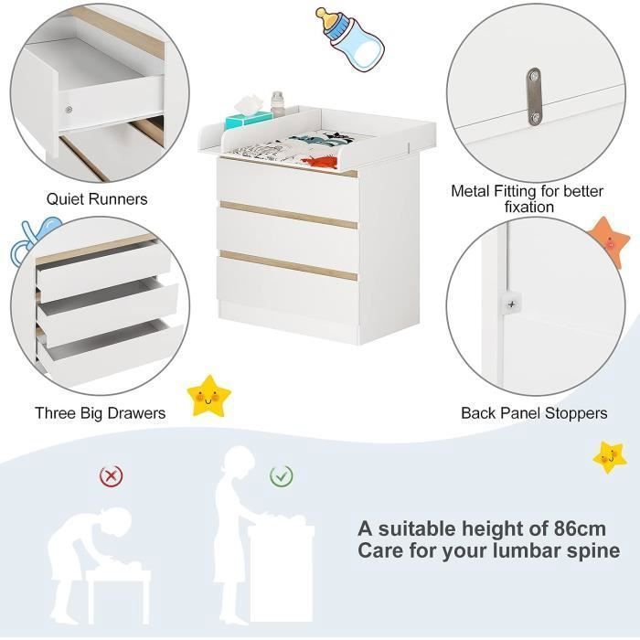 WOLTU Commode à Langer avec 3 tiroirs - avec Table à Langer - pour bébé en aggloméré et MDF,Blanc