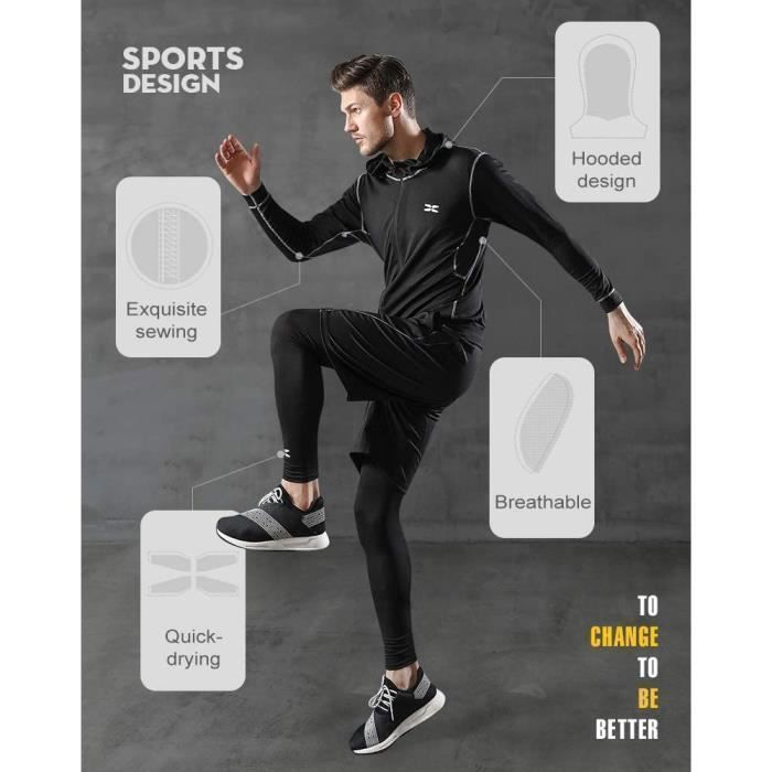 Conjunto de 5 peças de roupa de treino masculina Sweat-Fit, secagem rápida, respirável, para corrida, preta.