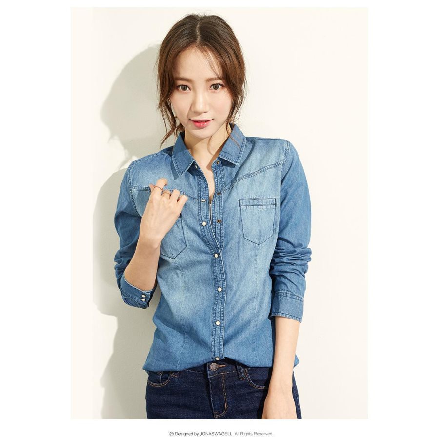 Chemise en jean slim en coton pour femme, manches longues, style décontracté.