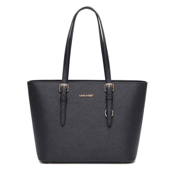 David Jones - Bolso de compras para mujer - Bolso de hombro tipo tote de piel sintética con asa larga - Tamaño mediano - Negro