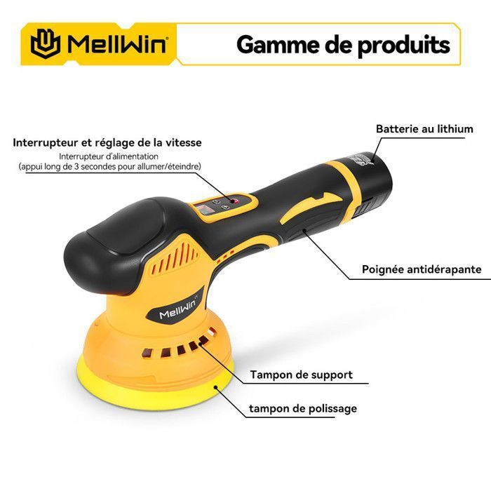 Polisher - MELLWIN - MellWin - Cordless 12V - 125 mm Disc - 8 Speeds