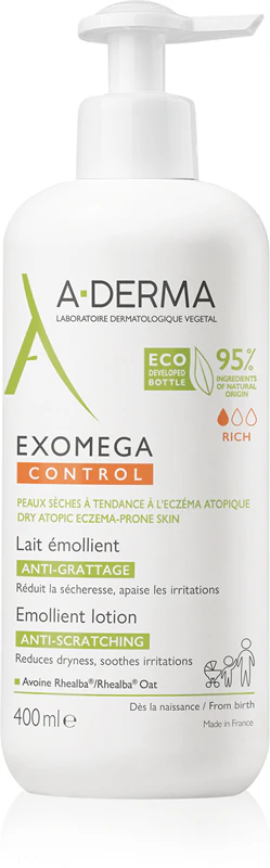 Loção corporal emoliente A-Derma Exomega Control contra irritação e coceira na pele.
