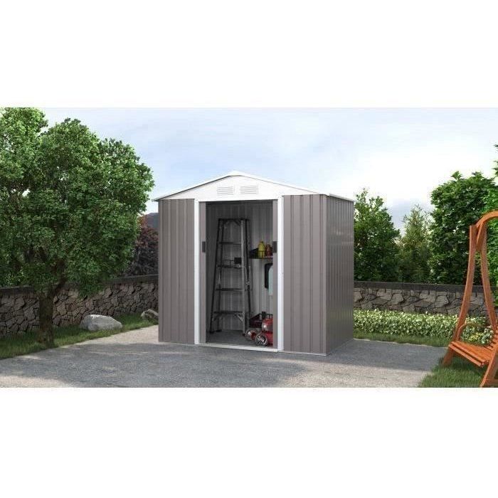 Abri de jardin en métal 2,71 m²  - 213 x 127 x 195 cm - PLUTON - Kit d'ancrage inclus, 2 portes coulissantes - Taupe