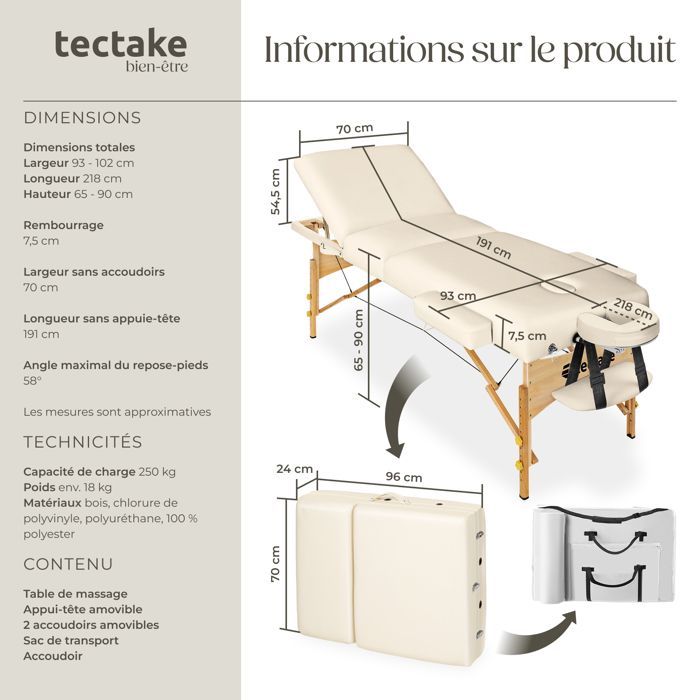 Table de massage - TECTAKE - Table de soin SOMWANG portable 3 zones avec sac de transport 218 x 102 x 90 cm - Beige