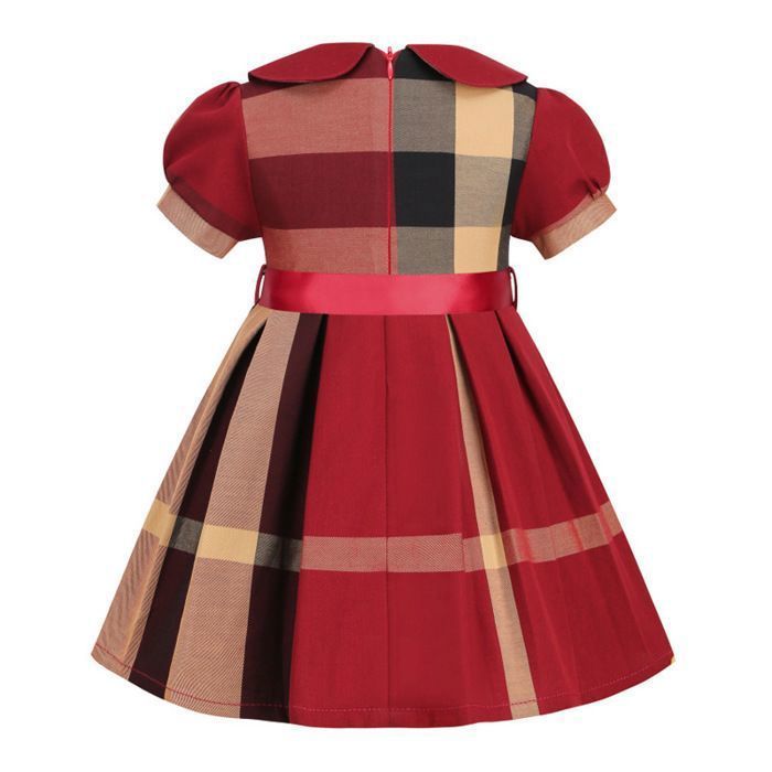 Vestido de manga corta a cuadros para bebé niña, 100% algodón cómodo - Rojo