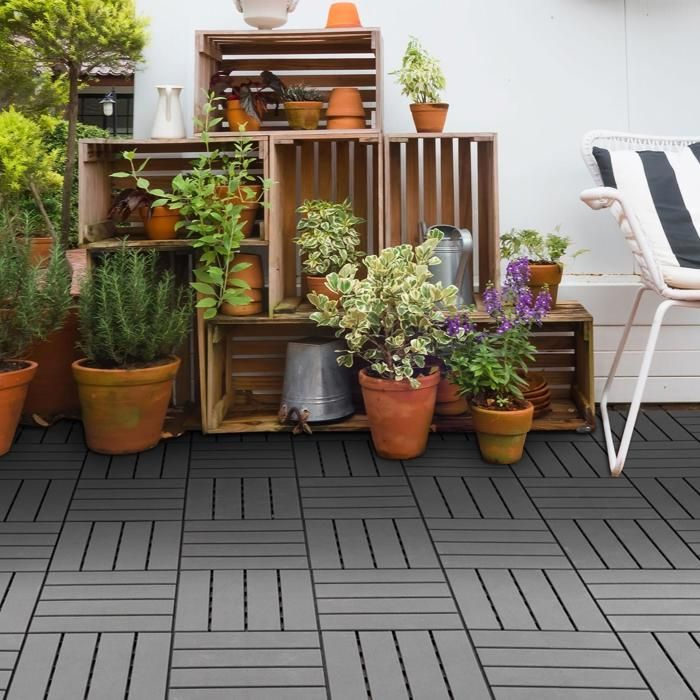 Caillebotis - Outsunny - dalles terrasse lot de 9 emboîtables imitation bois noir - plastique - 30x30cm - noir