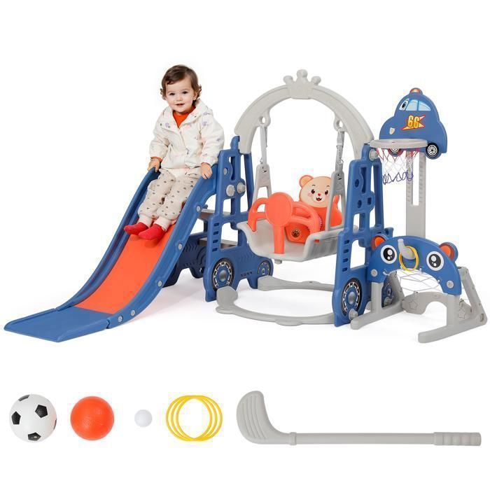 Scivolo per bambini 5 in 1 con altalena, canestro da basket, porta da calcio, gioco del lazo, hockey, blu