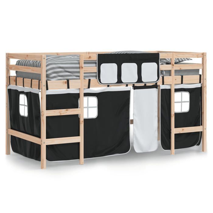 Cama alta infantil vidaXL con cortinas, cama elevada para niños con escalera, mueble de almacenamiento para dormitorio, estilo moderno, color blanco.