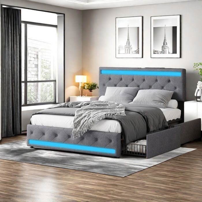 Lit double 140x190 cm - TANANT - 4 tiroirs - Tissu en lin - LED et USB intégrés
