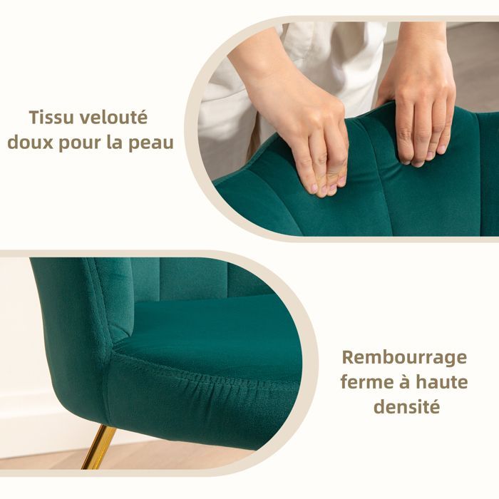 Sillón Shell - HOMCOM - terciopelo - patas de acero - 69 x 64 x 80 cm - verde oscuro