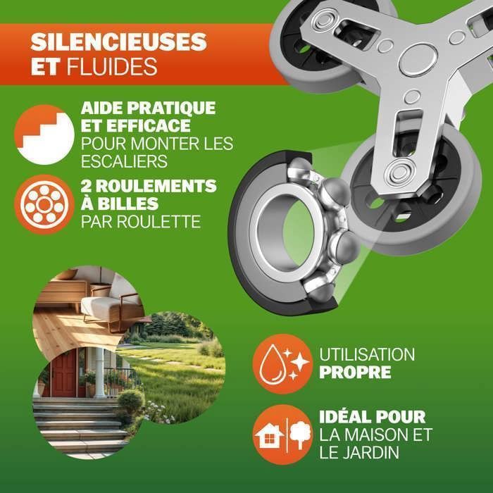 GARDEBRUK® Diable aluminium pliable escalier 80kg 6 roues pleines increvables gants 2 tendeurs chariot de transport déménagement