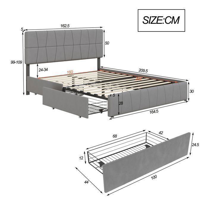 Lit 160 x 200 avec tête de lit et sommier, Lit double tapissé avec rangement, 4 tiroirs, Cadre de lit 160x200 avec sommier, velours