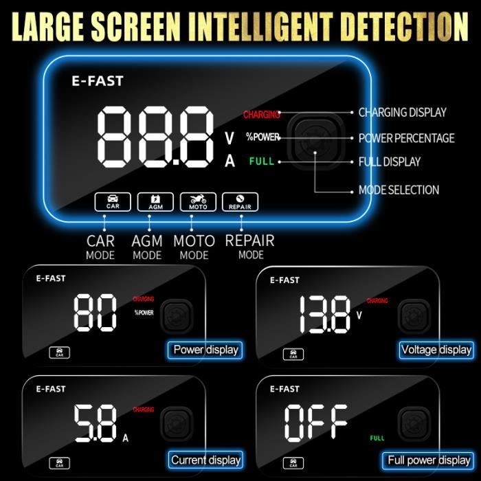 Cargador de batería inteligente para coche y motocicleta con pantalla táctil de 12 V, 6 A y 120 Ah