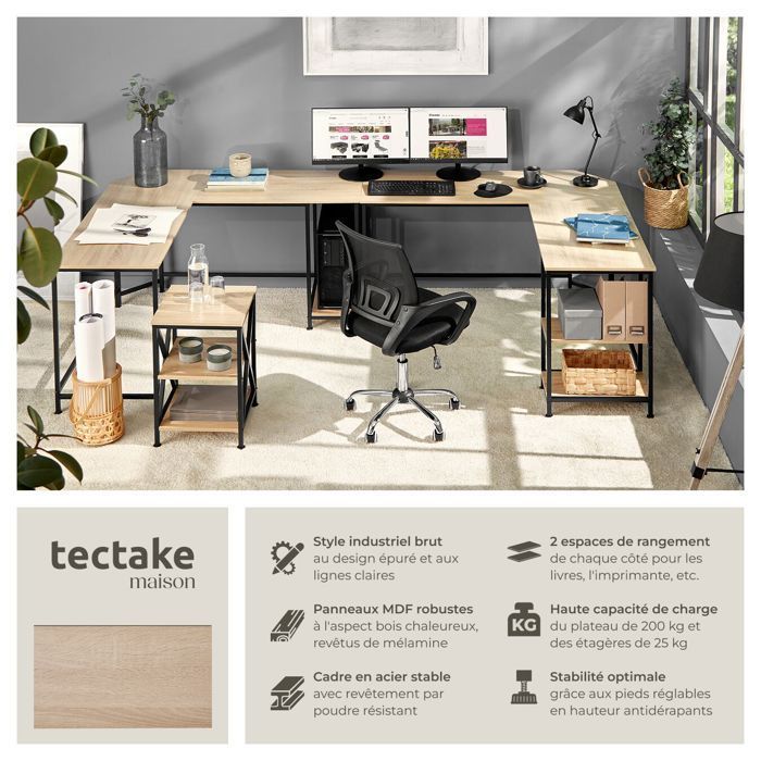 Bureau - TECTAKE - Table de bureau en L HAMILTON avec 2 compartiments 138 x 138 x 75,5 cm - Bois clair