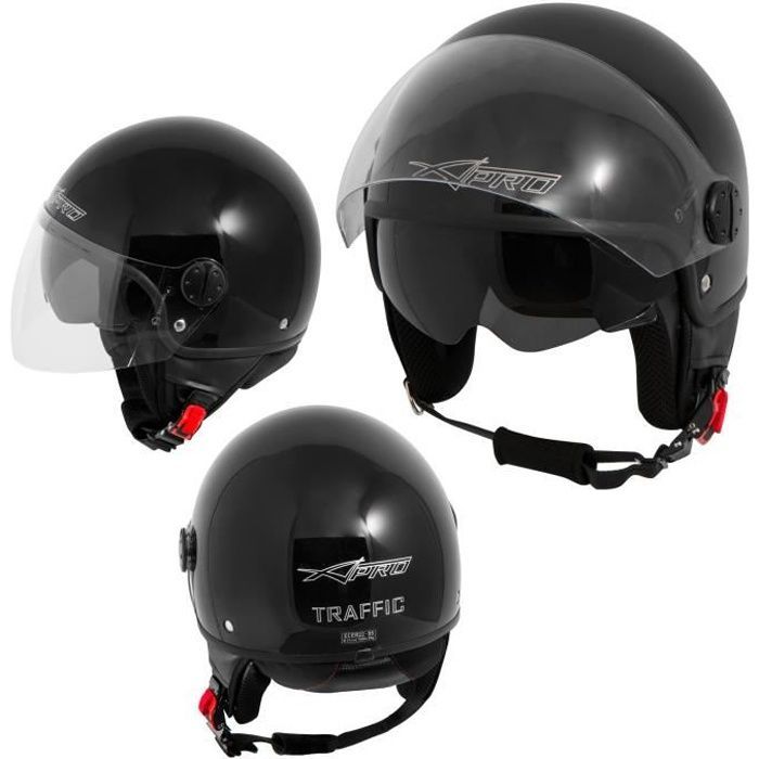 Casco tipo jet para moto/scooter con doble visera y parasol, homologación ECE 22, color negro, talla XS.