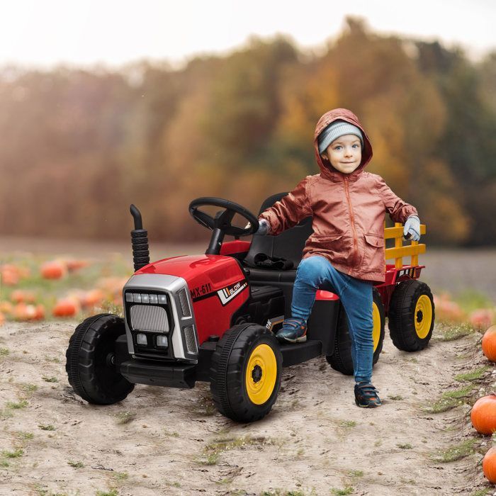Tractor eléctrico - HOMCOM - con remolque desmontable - con mando a distancia, reproductor de música MP3, pantalla y luces - para niños de 3 a 6 años - rojo