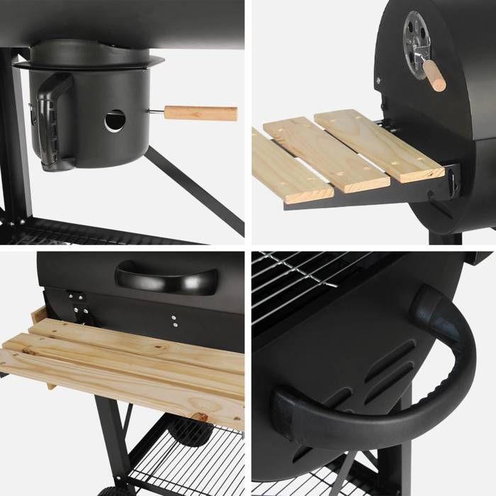SERGE charcoal barbecue, grill and American smoker, with wheels and folding side shelves