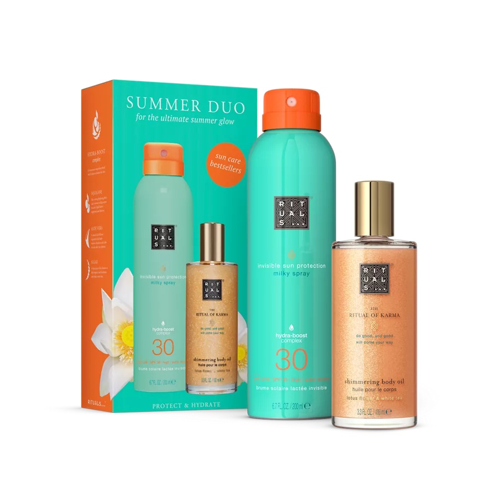 The Ritual of Karma set za sunčanje s uljem za tijelo s svjetlucavim efektom 100 ml, mliječni sprej za zaštitu od sunca SPF 30 200 ml