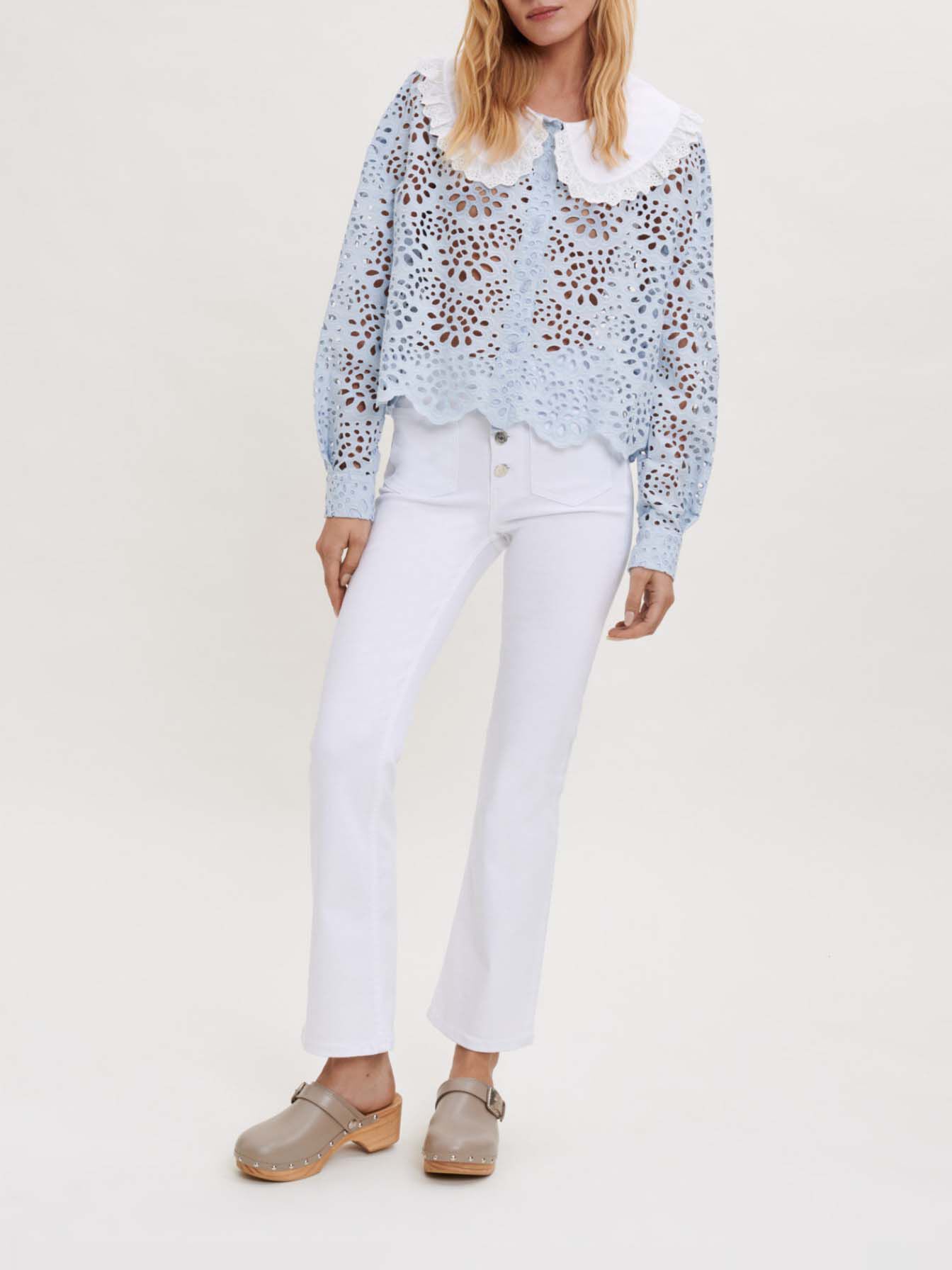 Guipure kanten blouse met kraag - Lichtblauw