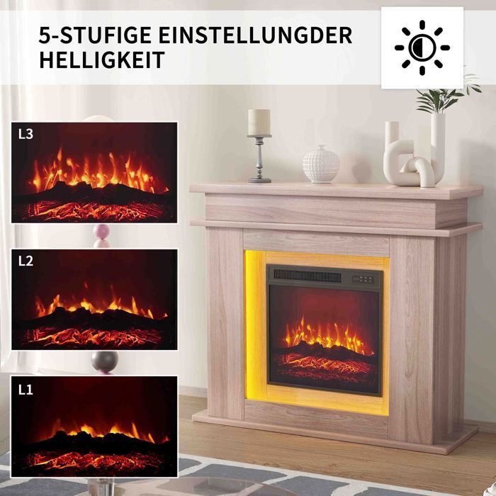 Cheminée Électrique Manteau Chêne 101cm - Flamme 3D & LED Couleur - Chauffage d'Appoint - Luminosité Réglable - Design moderne