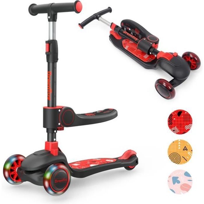BremToy Kids Scooter with 360° Swivel Seat, LED Wheels, Height-Adjustable Handlebar, Foldable for Children, Red