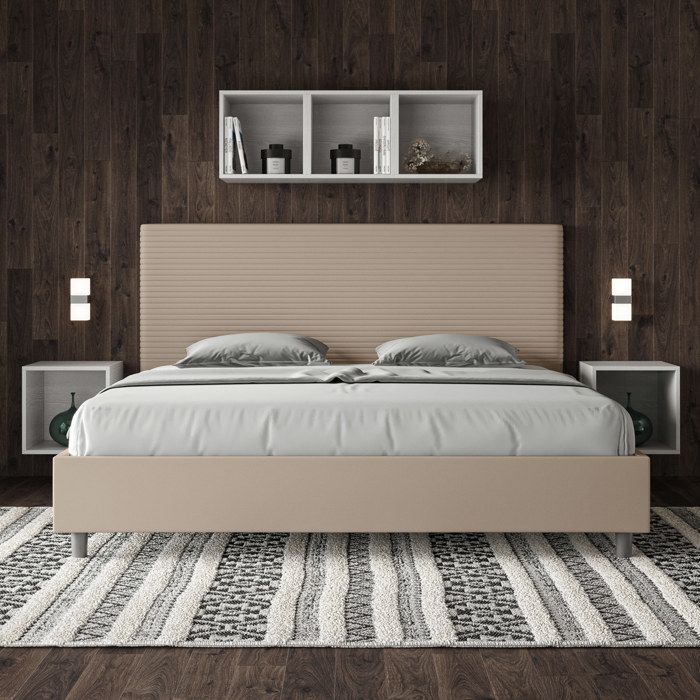 Cama king size com espaço de armazenamento, estofada, 200x210 cm, couro sintético taupe, Focus