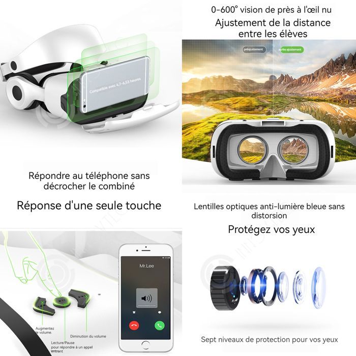 Óculos de realidade virtual 1080p com sistema de ajuste duplo 3D de 360 graus para passeios em realidade virtual, com controles de cabeça e mão.