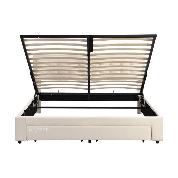 Letto matrimoniale contenitore 180x200 cm in velluto con ampio cassetto, dettagli con bottoni, rete a doghe inclusa, stile scandinavo, beige