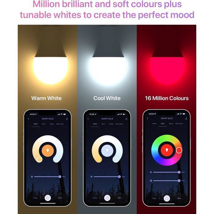 YSFMODE Smart-Glühbirne, E27 Mehrfarben-LED-Glühbirne 2700K-6500K RGB, dimmbar, kompatibel mit Alexa und Google