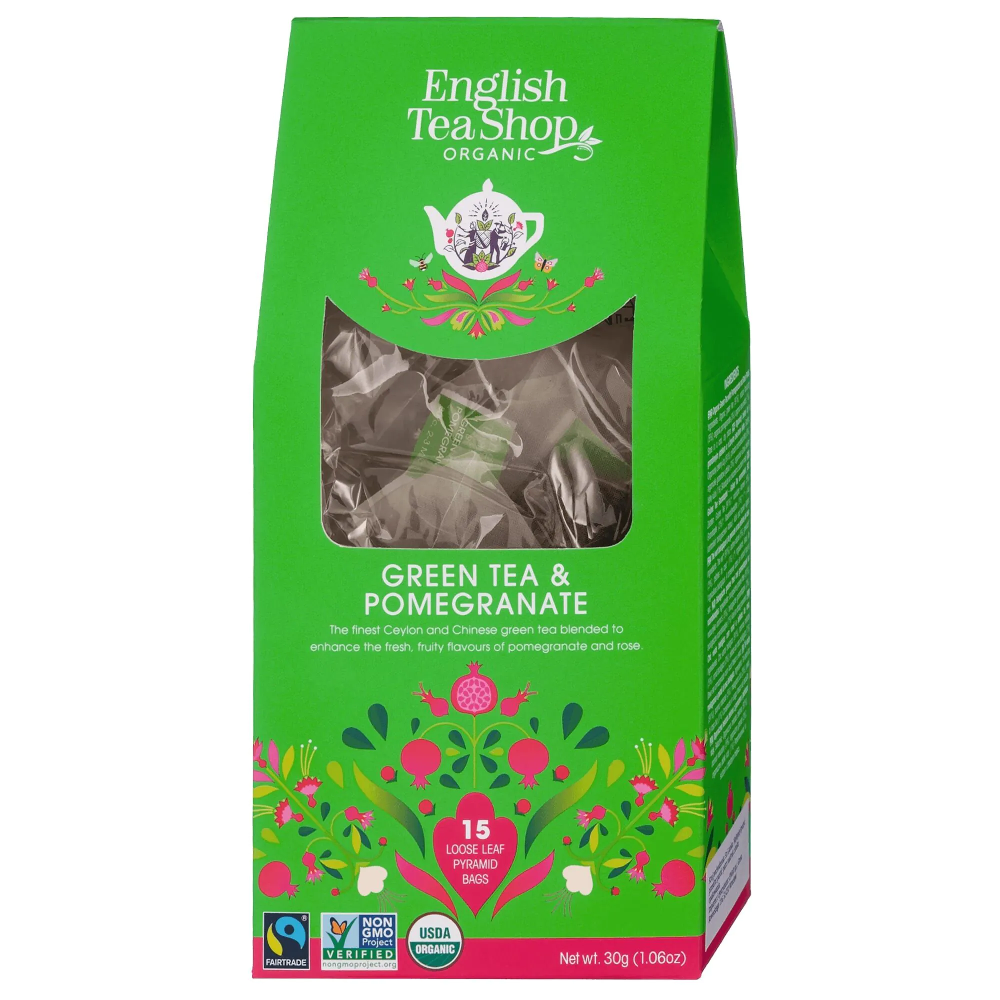 English Tea Shop Green Tea & Pomegranate, herbata liściasta bio 15 piramidek