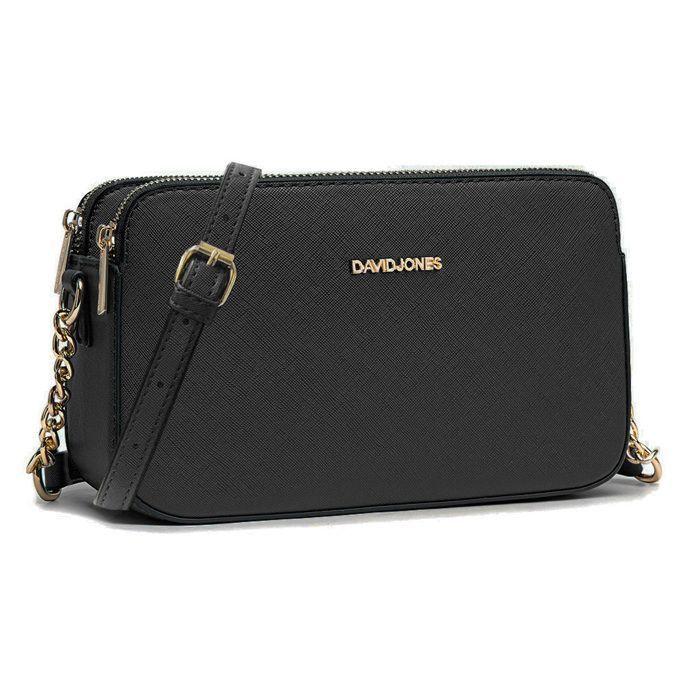 David Jones - Small Women's Crossbody Bag - Shoulder Bag with Chain Strap, PU Leather, 3 Compartments - Multi-Pocket Bag - Black