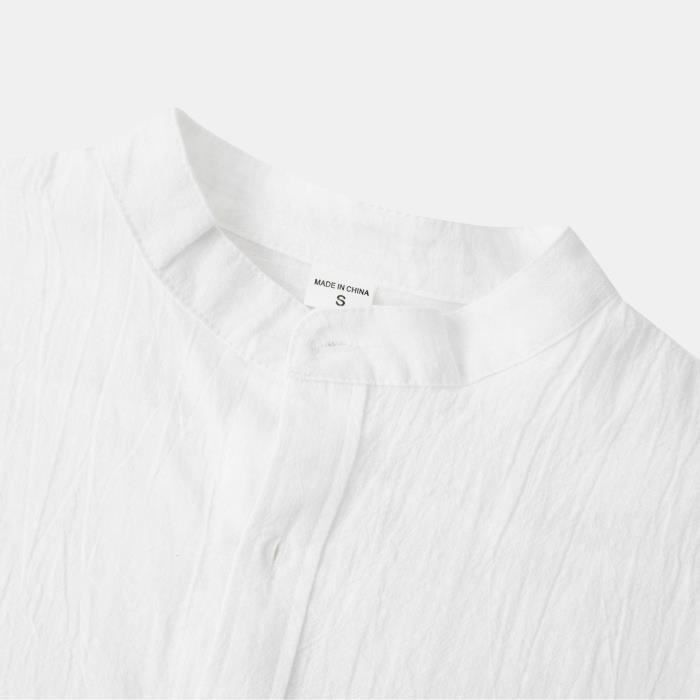 Camisa de manga larga para hombre de algodón y lino con cuello alto - INSFITY - Blanca - Corte regular - Informal