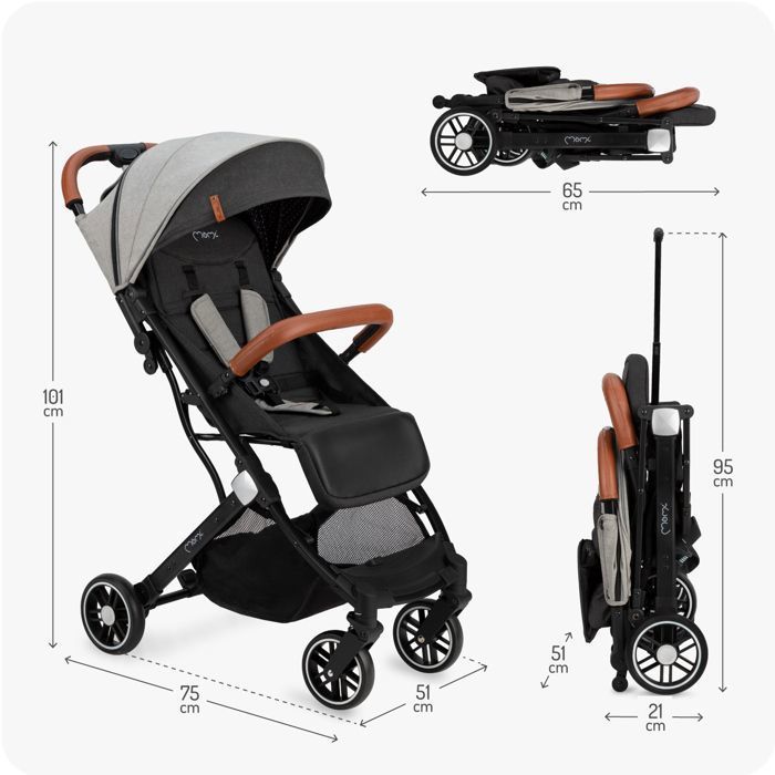 MoMi ESTELLE – Poussette Bébé Ultra Compacte – Légère 7,7 kg – Pliage à Une Main – Guidon Valise –  Gris