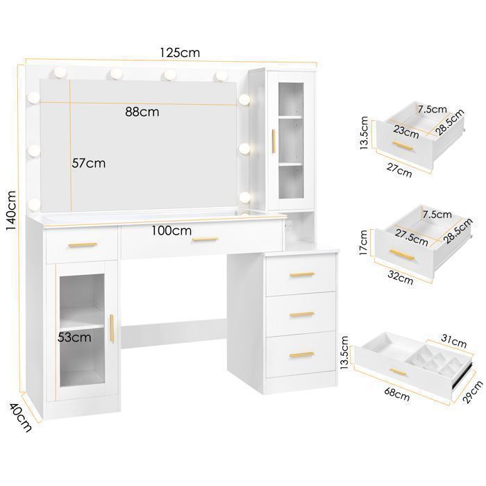 BEWISHOME Coiffeuse Grande avec Miroir LED et Prise, Plateau et Portes Verre, Port de Charge USB, 5 Tiroirs de Rangement, 2 Portes