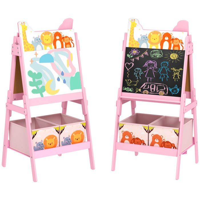 Tableau enfant - AIYAPLAY - 2 en 1 double face tableau noir et blanc - avec 2 boîtes de rangement - pour enfants 3 - 8 ans - rose