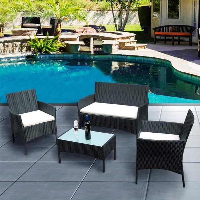 CONJUNTO DE MUEBLES DE JARDÍN - MESA, SILLA Y SILLÓN: Mesa de cristal + 3 sillas modernas de ratán sintético de PVC - Impermeable y duradera