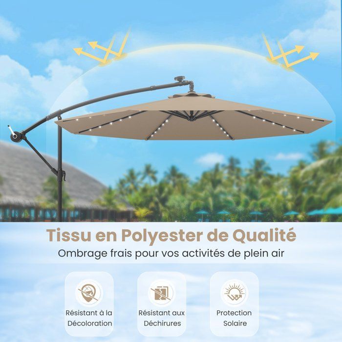 Ombrellone a braccio COSTWAY da 3 m con 40 luci LED, pannello solare da 6 ore, base a croce, sacco di sabbia, tessuto in poliestere, protezione UV 20+, marrone.
