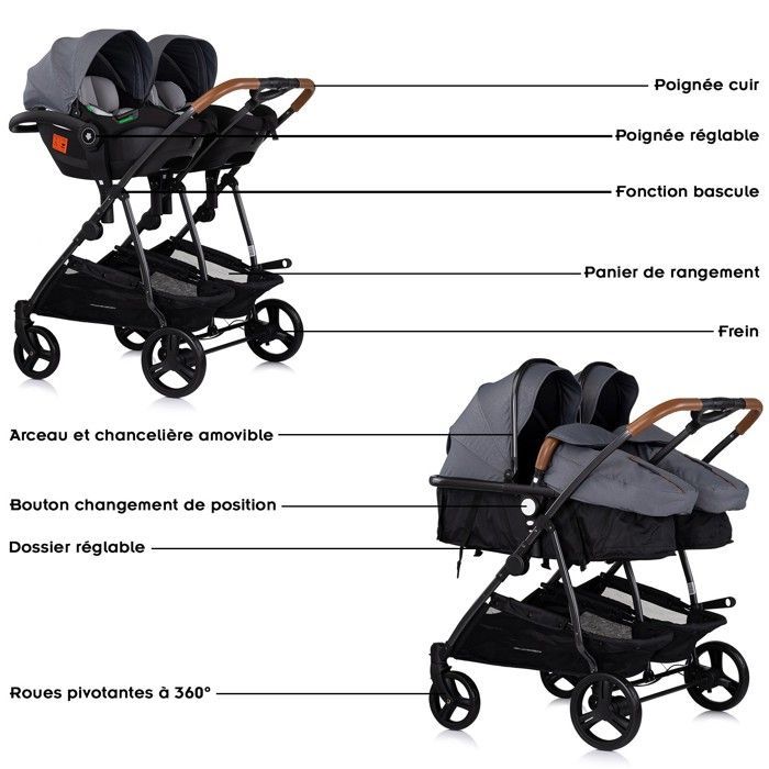 DUO SMART Stroller for twins or closely spaced children, 79 cm wide, Grey + 2 i-Size infant car seats, grey