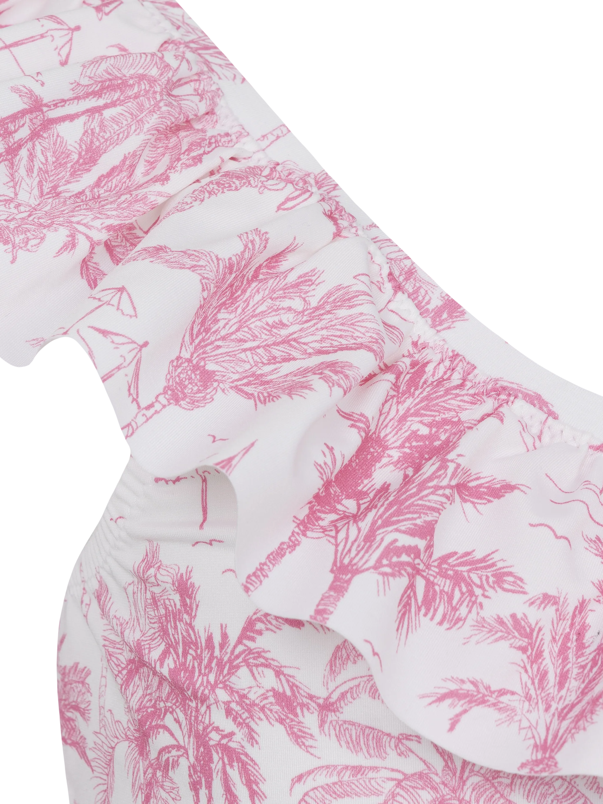 King bikini met één schouder, ruches en Toile de Jouy-print