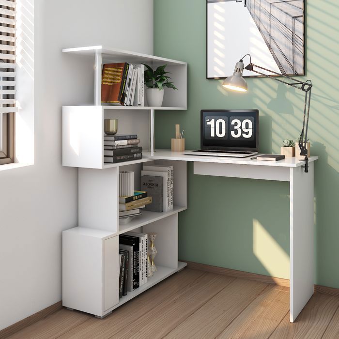 Escritorio para ordenador Mondeer Contemporary de 4 niveles con estante multiusos, blanco