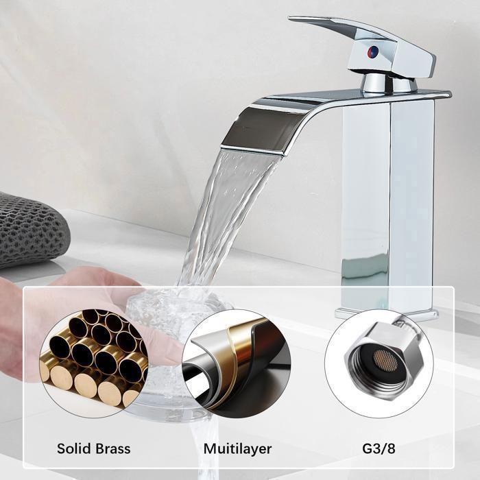 Rubinetto da bagno a cascata cromato, miscelatore per lavabo con acqua calda e fredda, miscelatore per lavabo in ottone