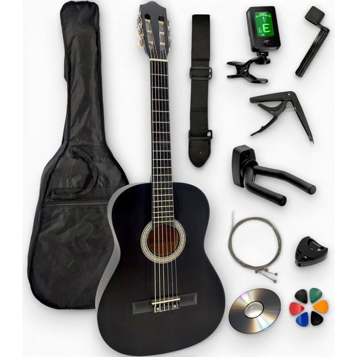 AMROVA Classical Guitar Pack 4/4 (Adult) 10 Accessories Video Course and CD (Black, Right-handed)