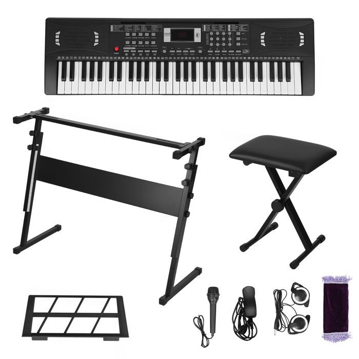 Piano digital portátil de 61 teclas, kit completo con soporte, asiento, auriculares y micrófono, multifuncional para niños y adultos.